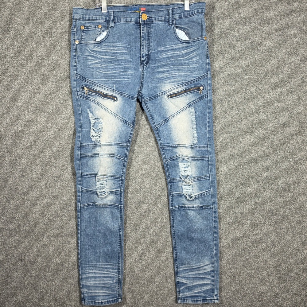 Demolition Jeans Mens 38x32 Distressed‎ Moto Biker Slim Fit Whiskered Denim